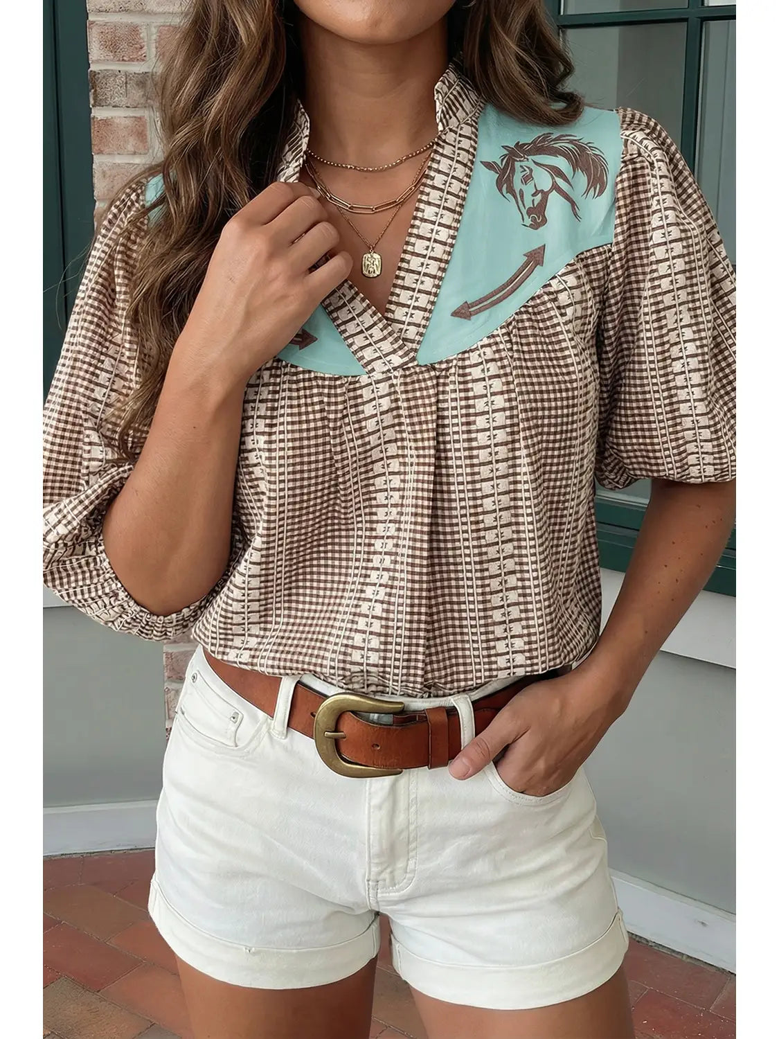 Western Pony Embroidered Yoke Puff Sleeve Gingham Blouse