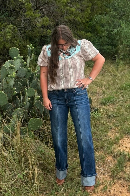 Western Pony Embroidered Yoke Puff Sleeve Gingham Blouse