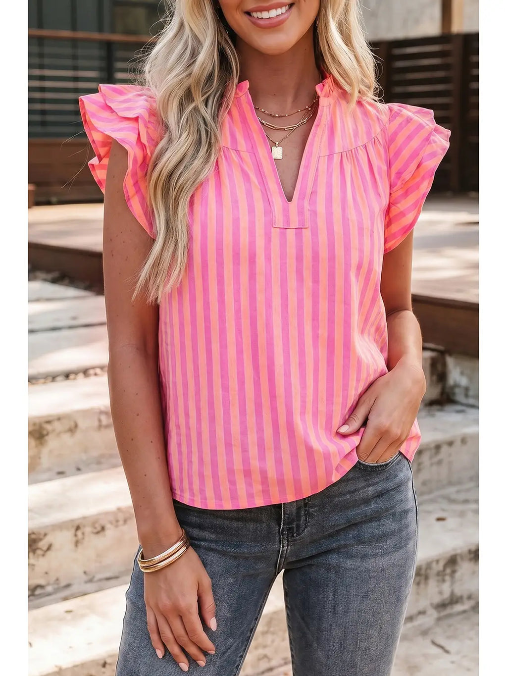 Split Neck Ruffled  Blouse