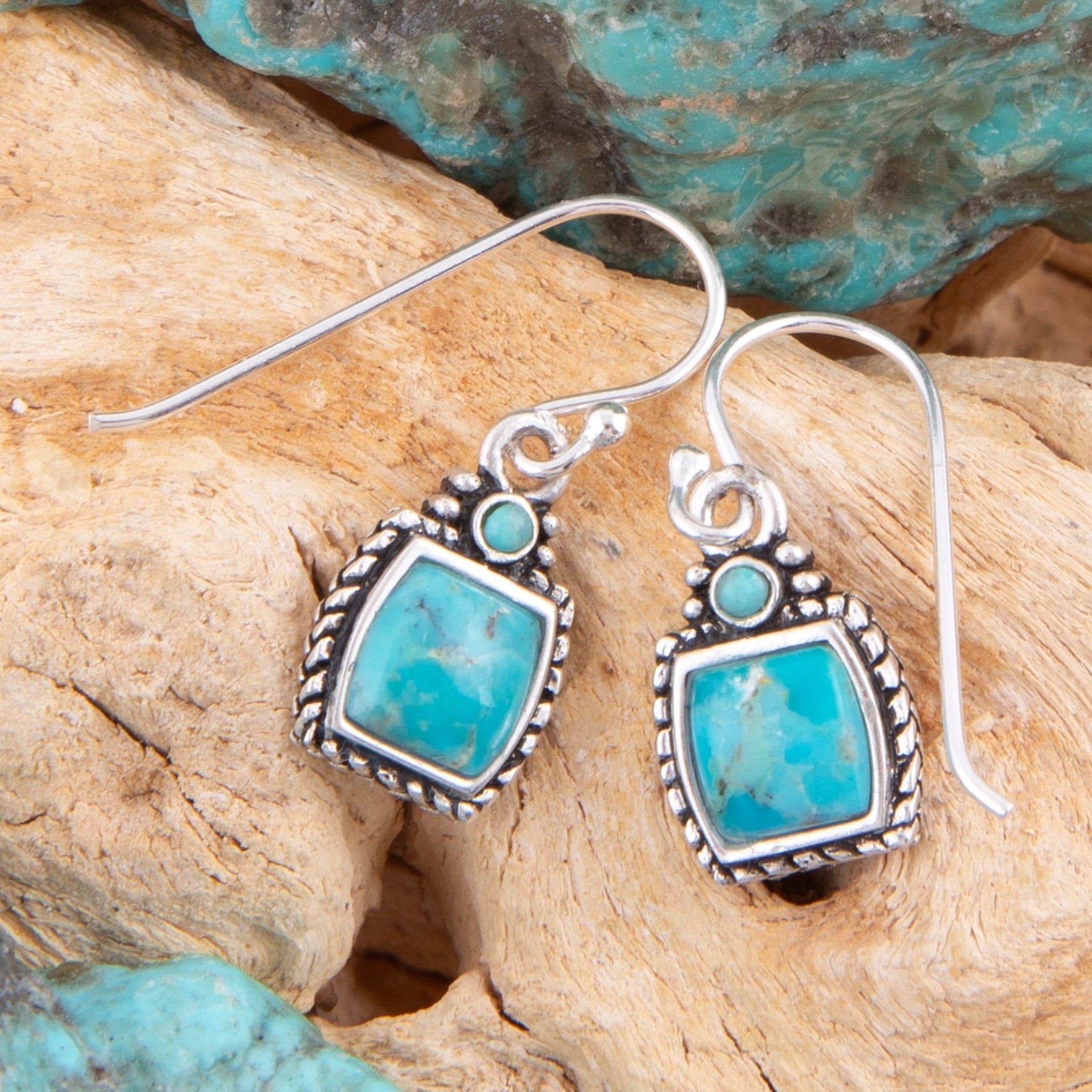 Delicately Detailed Blue Turquoise and Silver Earrings